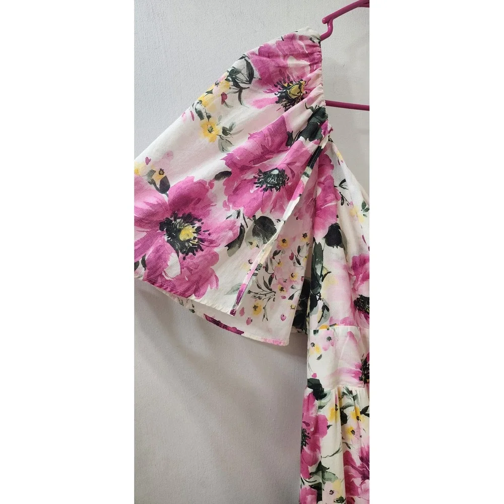 Abercrombie & Fitch Pink Floral Tiered Maxi Dress XL Flutter Sleeve Twist Front